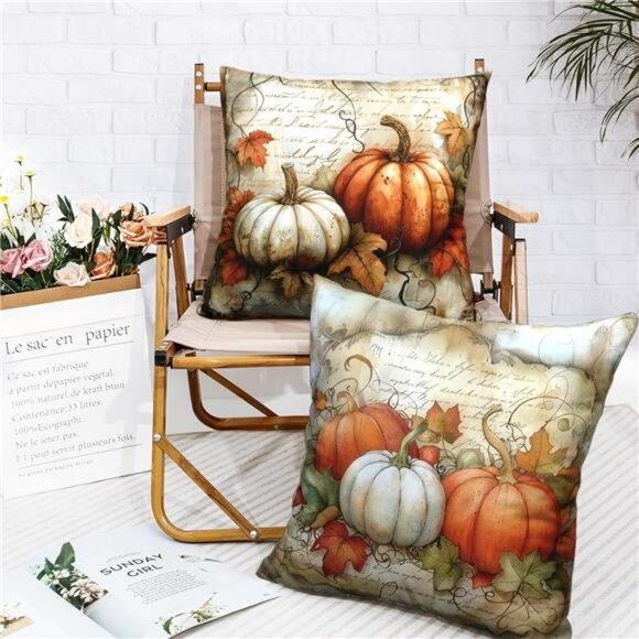 Thanksgiving Fall Pillow Covers Set of 2 18x18 Pumpkin Maple Leaves Outdoor Deco - Picture 2 of 8